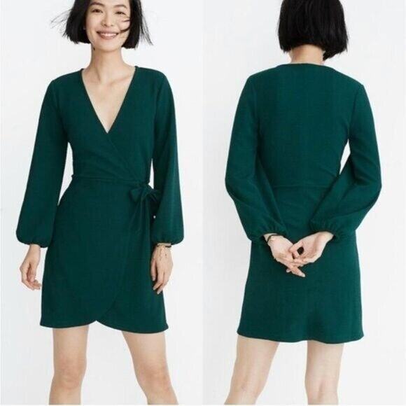 Madewell Long Sleeve Side-Tie Faux Wrap Mini Green Dress Size XXS - Picture 1 of 9